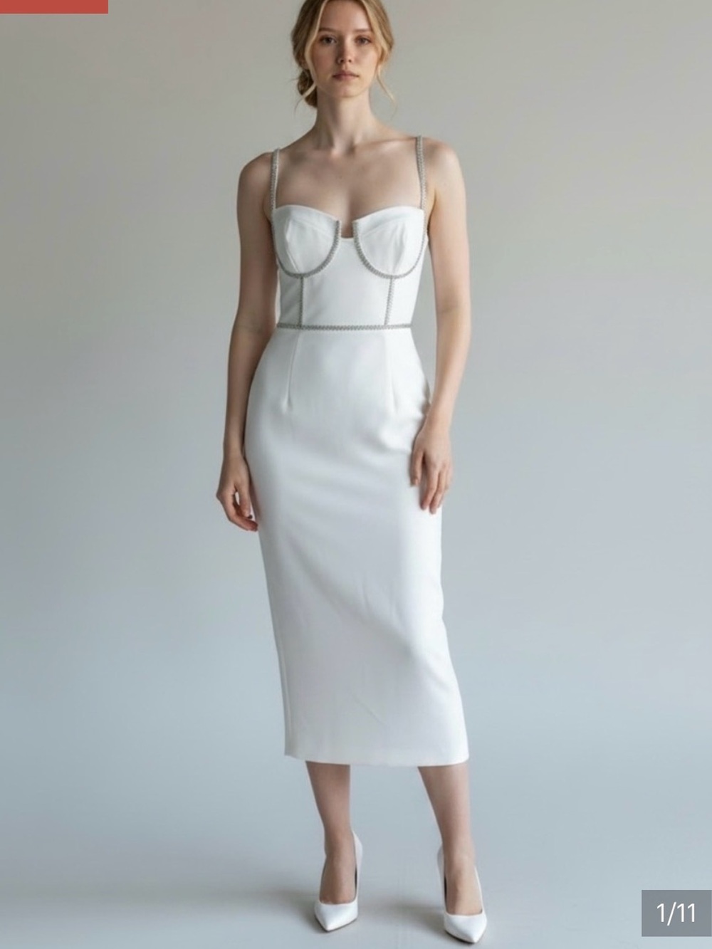 Self Portrait White Midi Corset Dress with rhinestone seams and bustier